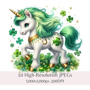 Clipart Licorne de la Saint Patrick | Licorne trèfle porte-bonheur | Lot de 10 fichiers JPEG 300 ppp de haute qualité | Licornes imprimables pour chambre de bébé | Utilisation commerciale