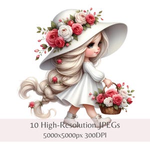 Clipart de niña gnomo de San Valentín / Conjunto de 10 JPEG de alta calidad de 300 DPI / Arte fantástico de gnomo caprichoso con rosas rojas / Descarga digital navideña