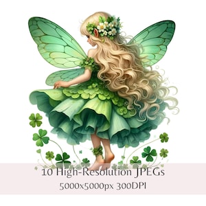 Clipart fée Saint Patrick Gnome | Lucky Clover Fairy Gnomes | Lot de 10 fichiers JPEG 300 ppp de haute qualité | Fée verte festive magique | Numérique