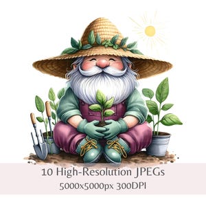 Clipart de gnomo de jardinagem, arte com ferramentas de jardim, 10 JPEGs de alta qualidade, sublimação em aquarela, artesanato para impressão, scrapbooking, download instantâneo