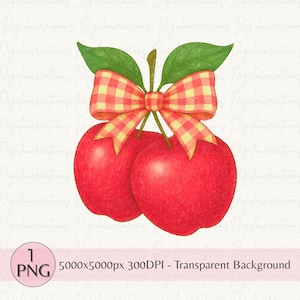 Apfel Gingham Bogen PNG, Roter Apfel Png, Bauernhaus Apfel Sublimation, Süßes Lehrer Geschenk PNG, Rustikales Apfeldesign, Sommer Shirt Frucht PNG