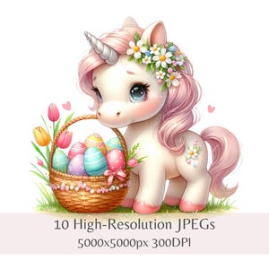 Clipart di unicorno pasquale, cestino magico con uova, 10 JPEG ad alta risoluzione, clipart stampabili per la cameretta dei bambini, scrapbooking e artigianato, download digitale istantaneo