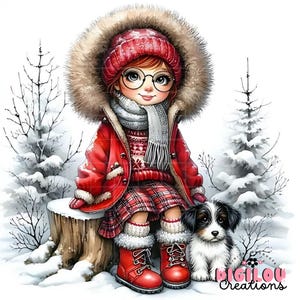 Conjunto de imágenes prediseñadas de niña de invierno de Navidad / 10 JPEG de alta calidad de 300 DPI / Imágenes prediseñadas caprichosas de niña con perro lindo / Descarga digital navideña