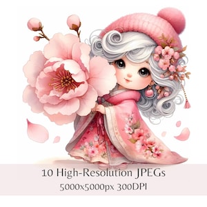 Gnomo de flor de cerezo, 10 gnomos primaverales en acuarela, imágenes JPEG de gnomos de jardín florales, scrapbooking, revistas basura y manualidades, descarga instantánea
