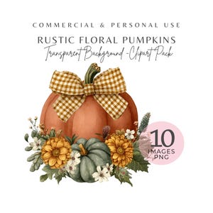 Calabaza floral rústica PNG - 10 imágenes prediseñadas de calabazas otoñales con acuarela, PNG de alta resolución para manualidades y álbumes de recortes de otoño, descarga digital