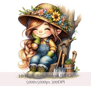 Clipart de jardinagem de gnomos, ferramentas de jardim de primavera, 10 JPEGs de alta resolução, sublimação de aquarela, artesanato para impressão, scrapbooking, download instantâneo