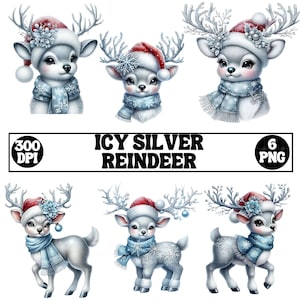 Renne d'hiver PNG Clipart | Lot de 6 images 300 ppp de haute qualité | Sublimation de Noël avec des bois argentés glacés | Téléchargement numérique