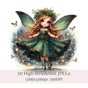 Clipart nain de la forêt féerique - aquarelle jardin, 10 fichiers JPEG 300 DPI de haute qualité, sublimation, imprimables pour chambre d'enfant, téléchargement immédiat