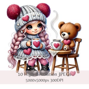 Gnomo de San Valentín Clipart / Conjunto de 10 JPEG de alta calidad de 300 DPI / Gnomo caprichoso con osito de peluche / Descarga digital de sublimación de San Valentín