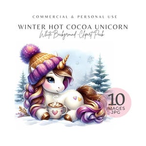 Winter Hot Cocoa Unicorn Clipart – 10 Watercolor Baby Unicorn Decor, High-Res JPEGs For Nursery Printable, Scrapbooking, Digital Download