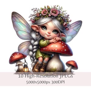 Clipart nain de jardin féerique - art féerique printanier fantaisiste, 10 fichiers JPEG 300 DPI de haute qualité, sublimation, imprimables pour chambre d'enfant, téléchargement immédiat