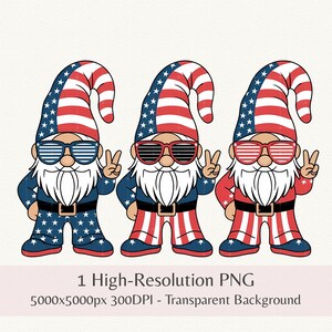 愛国的なヒッピーノームトリオPNG、独立記念日の平和のノーム、アメリカンノーム昇華、トレンディなシャツデザイン、インスタントデジタルダウンロード