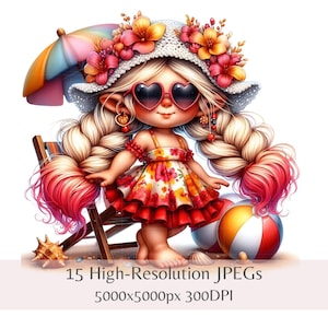 Watercolor Beach Gnome Clipart: Summer Tropical Bundle (Instant Download)