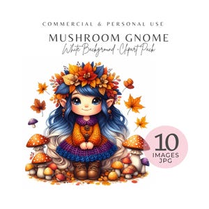 Clipart de Gnomo Cogumelo - 10 Gnomos Aconchegantes em Aquarela de Outono, JPEGs de Alta Resolução para Gnomos para Imprimir, Scrapbooking, Artesanato em Papel, Download Instantâneo