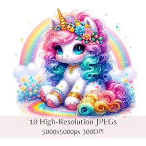 Clipart de unicornio arcoíris, arte mágico de unicornio, 10 imágenes JPEG de alta resolución, clipart de unicornio bebé imprimible para guardería, uso comercial, descarga instantánea