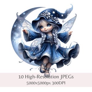 Clipart nain fée lune - art féerique lunatique, 10 fichiers JPEG de haute qualité, sublimation, imprimables pour chambre d'enfant, usage commercial, téléchargement immédiat