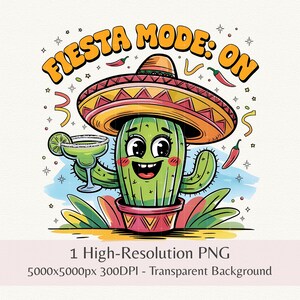 Mexicaanse Fiesta-modus op PNG, speelse cactus met sombrero PNG voor Cinco de Mayo aquarel sublimatiekunst met hoge resolutie, Instant Download
