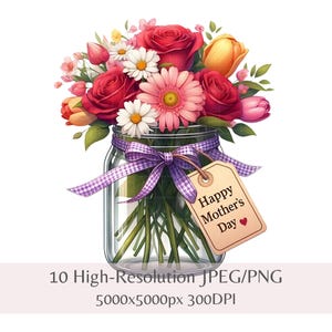 Mother&#39;s Day Floral Mason Jar Clipart: Watercolor Flower PNGs (Instant Download)