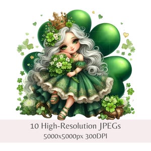 Clipart Gnome Saint Patrick | Gnomes Clover Queen | Lot de 10 fichiers JPEG 300 ppp de haute qualité | Joyeuse Saint-Patrick | Nain vert festif | Numérique