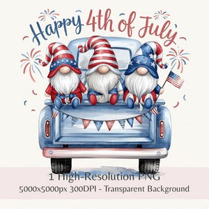 Trio de gnomes patriotique pour le 4 juillet - Joyeux 4 juillet PNG, dessins de camions américains, parfait pour bricolage chemises et travaux manuels, téléchargement immédiat