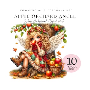 Clipart de anjo de pomar de maçãs - 10 gráficos de anjo de outono em aquarela, JPGs de alta resolução para impressão, artesanato de outono e scrapbooking, download digital
