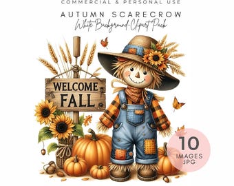 Watercolor Scarecrow Clipart: Autumn Signpost Art (Digital Download, Commercial Use, 10 JPEGs)