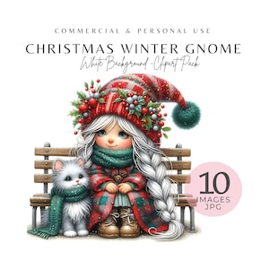Christmas Winter Gnome Girl Clipart Set | 10 High-Quality 300 DPI JPEGs | Fantasy Clipart Gnome With Cute Cat | Holiday Digital Download