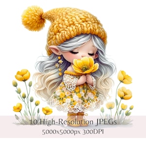 Clipart nain renoncule – 10 gnomes printaniers à l'aquarelle | JPEG nain floral jaune pour scrapbooking, journaux indésirables, travaux manuels, téléchargement immédiat