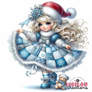 Clipart Fille nain d'hiver de Noël | 10 fichiers JPEG 300 ppp de haute qualité | Gnome lunatique avec ours en peluche Art fantastique | Téléchargement numérique des Fêtes