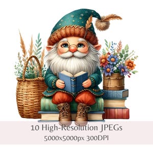 Watercolor Bookworm Gnome Clipart: Reading Gnome JPEGs (Digital Download)