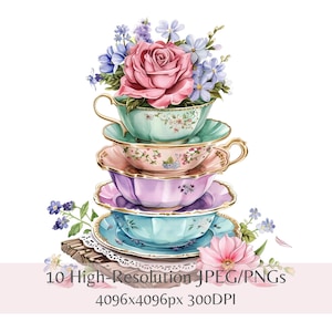 Clipart di tazze da tè floreali ad acquerello, pila vintage, 10 JPEG/PNG ad alta risoluzione, clipart stampabili per scrapbooking e artigianato, download immediato
