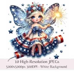 Clipart de Fada Brilhante da Liberdade Patriótica, Conjunto de Fadas do 4 de Julho, 10 JPEGs de alta qualidade, Scrapbooking e Artesanato para Imprimir no Dia da Independência