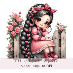 Clipart de gnomo de San Valentín / Conjunto de 10 JPEG de alta calidad de 300 DPI / Arte de fantasía con carta de amor de niña gnomo linda / Descarga digital navideña instantánea