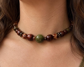 Green Jade Beaded Necklace with Tiger’s Eye and Wood