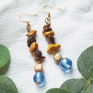 Handmade Yellow Jasper & Tiger's Eye Dangle Earrings: Boho Gemstone Jewelry