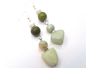 Jade & Aventurine Sterling Silver Dangle Earrings | Boho Gemstone Earrings | Earthy Crystal Jewelry | Beaded Summer Earrings