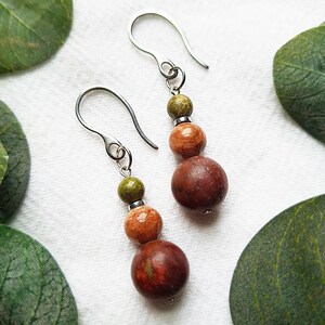 Handmade Jasper & Unakite Dangle Earrings: Earthy Goblincore Jewelry