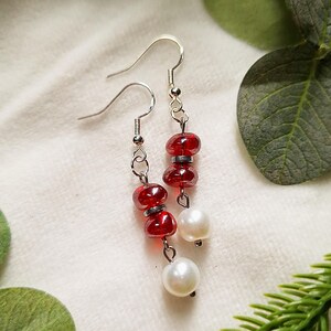 Ruby Red & Pearl Glass Earrings, 925 Stamped Sterling Silver Hooks