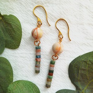 Handmade Rhodonite Dangle Earrings: Gold-Plated Boho Gemstone Jewelry