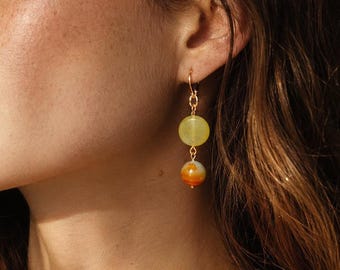Serpentine & Agate Earrings, Green Orange Gold Dangles