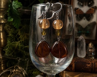 Brown Czech Glass Earrings, Earthy Cottagecore Dangles