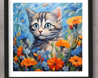 Blue Tabby Cat #2 with Flowers Abstract Painting Print Giclée Wall Art Grey Tabby Cat (Not Framed)