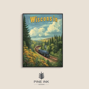 Vintage Wisconsin Train Traveling In The Country Side Poster Wall Art For Home Office Bedroom Bathroom Garage North Woods Cabin Nostalgia