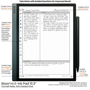 Puede incluir: Una imagen en blanco y negro de una libreta digital con una cuadrícula punteada. La libreta tiene un título que dice "Cornell Notes" e incluye una sección para ideas clave, notas y un resumen. La libreta está diseñada para una pantalla de 10,3 pulgadas.