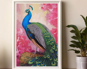 Impresión artística de pintura al óleo de pavo real maximalista: Póster de animal vibrante (descarga digital)