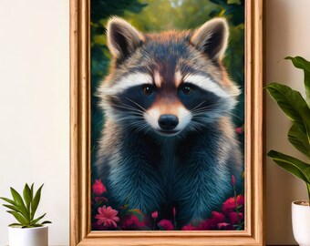 Raccoon Floral Maximalist Wall Art, Colorful Animal Print (Digital Download)