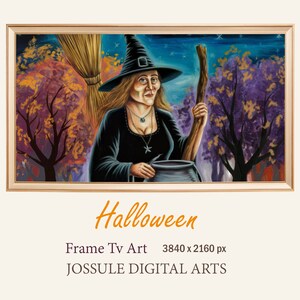 Witch Oil Painting Samsung Frame Tv Art, Halloween Witch Smart Tv Background, Fun Halloween Digital Art, Witch Frame Art Gifts For Halloween