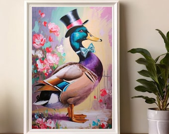 Lámina artística con retrato de pato, pajarita y sombrero de copa (descarga digital)