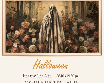 Vintage Halloween Ghost Frame TV Art: Spooky Autumn Floral (Digital Download)