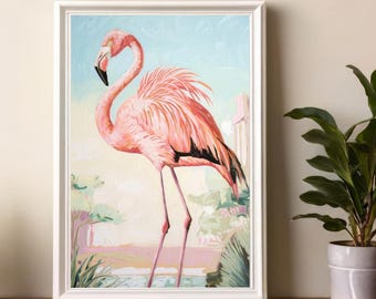 May include: A pink flamingo stands in a tropical landscape with a blue sky and green foliage. The flamingo is painted in a realistic style with detailed feathers and a long neck.